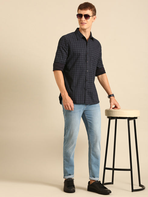 Dark Blue Checked Full Sleeve Casual Shirt